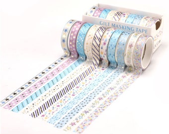 10 Rolls Slim Washi Tapes Set With Different Sizes & Patterns // Journal Decoration, Gift Packing Washi Tapes Set // 2m Long  0.8cm Wide