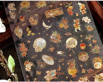 Autocollant en plastique transparent PET style chinoiserie simple feuille//journal décoratif//traditionnelle chinoise fenêtre, éventails, lanternes, lotus