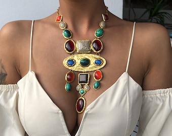 Big Bold Chunky Statement Blue Necklace Lion Head Adjustable Ring Pendant Choker Beaded Large Necklace Vintage Wearable art One of a kind