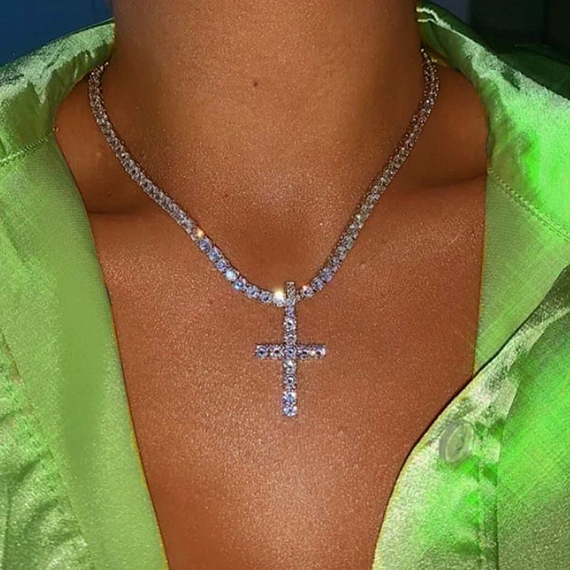 Diamond Cross Tennis Necklace Gold or 