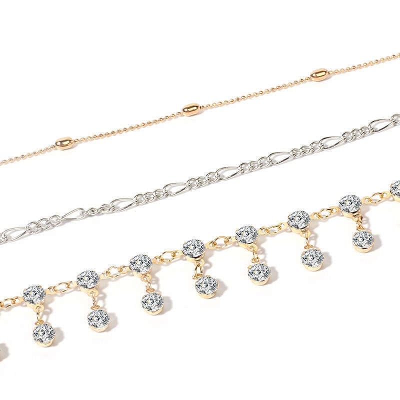 Sparkling CZ 3 Piece Anklet Set Gold Bead Anklet Silver - Etsy