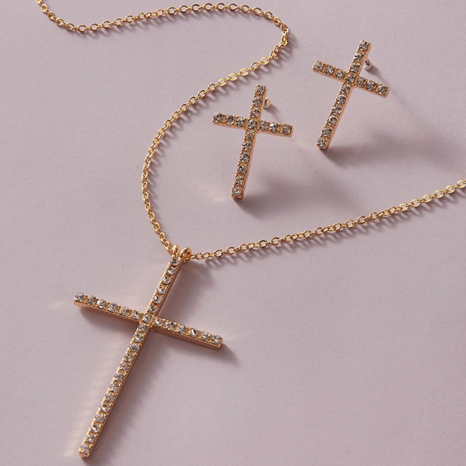 Simple Full Diamond Cross Necklace Earring Set for Women Etsy