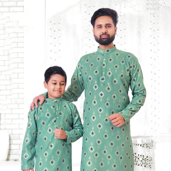 Blue Designer Father Son Twinning Ethnic Kurta Pyjama, Cotton Men Kurta, Party Wear Men Kurta, Kurta Pajama for Boy, Marriage, Wedding, Eid