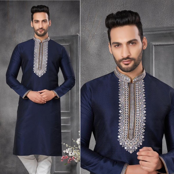 Blue Designer Cotton Jacquard  Embroidery Men Kurta Pajama, Cotton Men Kurta, Party Wear Men Kurta, Diwali Collection