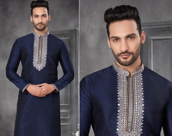 Blue Designer Cotton Jacquard  Embroidery Men Kurta Pajama, Cotton Men Kurta, Party Wear Men Kurta, Diwali Collection