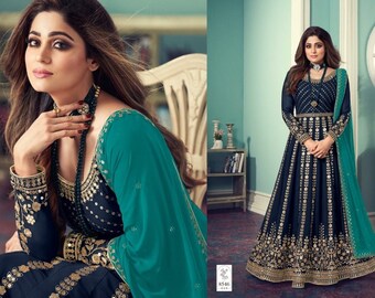 Navy Blue Designer Anarkali Floor Touch Long Gown Suits Heavy Embroidered Anarkali Suit Indian Wedding Evening Dupatta Dress