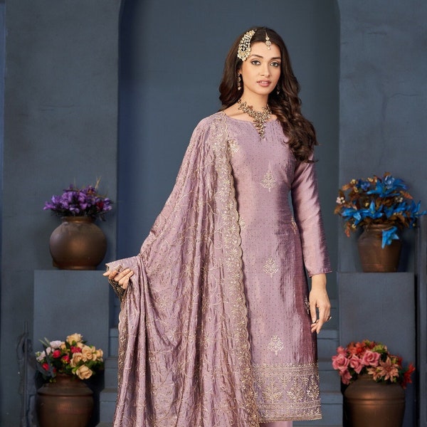 Lila blühender Vichitra Seiden Salwar Anzug, Designer gestickter Swarovski Diamant Arbeit Salwar Kameez Anzug, pakistanische Salwar Anzug Mutter Geschenk