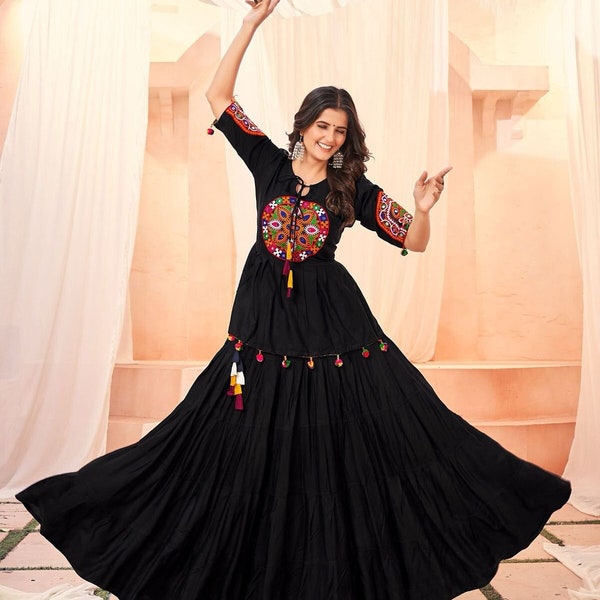 Black Color Stylish Rayon Navratri Crop Top With Long Skirt, Navratri Crop Top, Girl Traditional Dress , Gamthi Work Navratri Sleeves Top