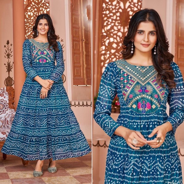 Georgette Print Embroidered Anarkali Gown With Long Frill Layered, Daily Wear Sleeves Anarkali Gown, Designer Back Pattern Anarkali Gown