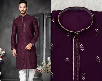 Wine Designer Cotton Silk Embroidery Men Traditional Kurta Pyjama, Cotton Men Kurta, Traditional Dresses for Men Kurta, Diwali Collection