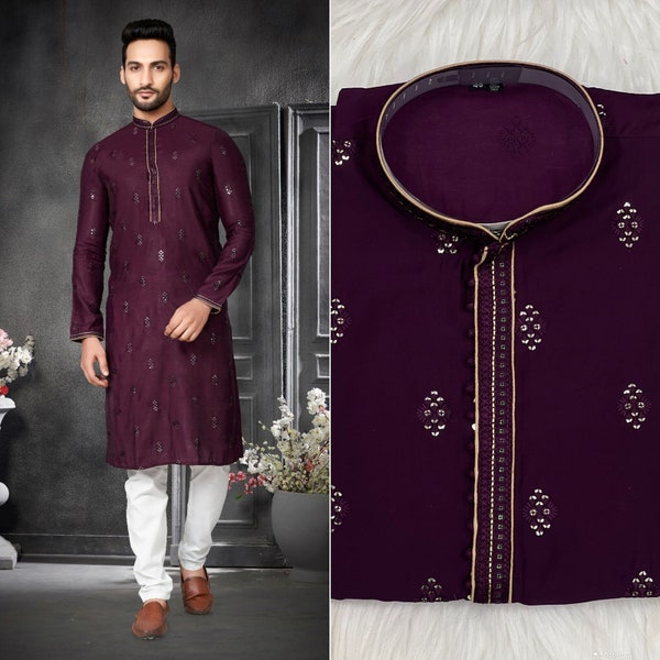 Wine Designer Cotton Silk Embroidery Men Traditional Kurta Pyjama, Cotton Men Kurta, Traditional Dresses for Men Kurta, Diwali Collection