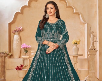 Costume bleu robe anarkali à grosses broderies avec travail de séquence de créateur, tenue de soirée robe anarkali, cadeau d'anniversaire, cadeau d'anniversaire