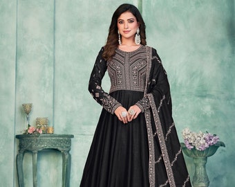 Black Heavy Embroidery Anarkali Gown Suit, Art Silk Designer Sequence Work, Party Wear Anarkali Gown, Anniversary Gift, Birthday Gift