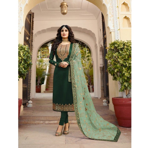 Green Color Pakistani Churidar Salwar Suit, Designer Embroidered Shalwar Kameez Suit, Party Wear Dress, Handmade Pakistani Eid Dupatta Dress