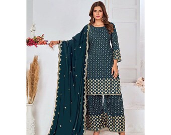 Navy Blue Heavy Embroidered Georgette Palazzo Kameez Suit, Indian Pakistani Wedding Palazzo Suits, Party Wear Palazzo Salwar Suit