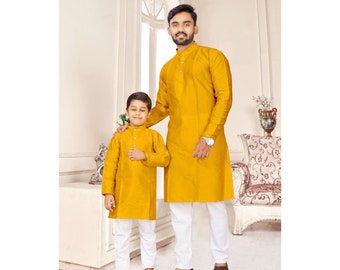 Yellow Color Father And Son Kurta Pajama, Designer Silk Jacquard Men Kurta Pajama, Party Wear Kids Kurta, Haldi Kurtas Pajama, Eid Boy Kurta