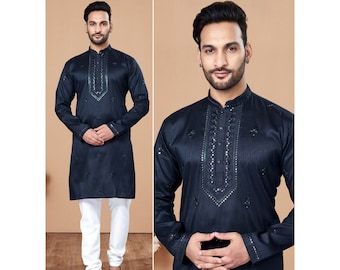 Navy Blue Heavy Silk Embroidery Men Kurta Pajama Set, Silk Men Kurta Pajama, Traditional Dresses for Men Kurta, Diwali Collection, Eid Kurta