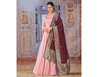 Baby Pink Gorgeous Silk Party Wear Gown, Pink Gown With Maroon Dupatta, Indian Long Anarkali Dresses, Gift For Her, Handwork Gown