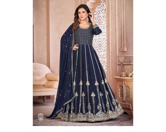 Abito Anarkali con ricamo pesante blu navy, abito Anarkali in sequenza di design, abito Anarkali da festa, regalo per l'anniversario, abito Eid Salwar