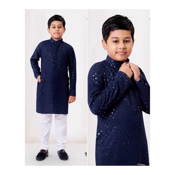Kurta bleu brodé chikankari pour enfants, Kurta Reyon pour enfants, Kurta robes traditionnelles pour garçons, Kurta Navratri, Collection Diwali Kurta
