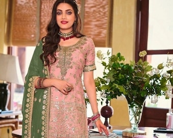 Peach Pakistani Reception Party Wear Palazzo Kameez Suits Festival Party Wear Designer Salwar Kameez Sharara Suit Pakistani dress
