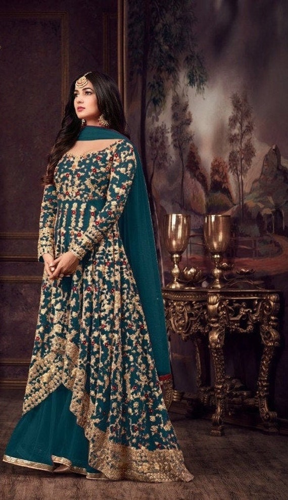 Sky Blue Digital Printed Satin Silk Readymade Anarkali Gown