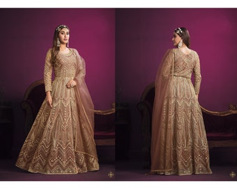 Peach Heavy Net Embroidery Work Slit Anarkali Gown Suit, Indian Party Wedding Wear Anarkali Suit, Bollywood Style Back Side Embroidered Gown