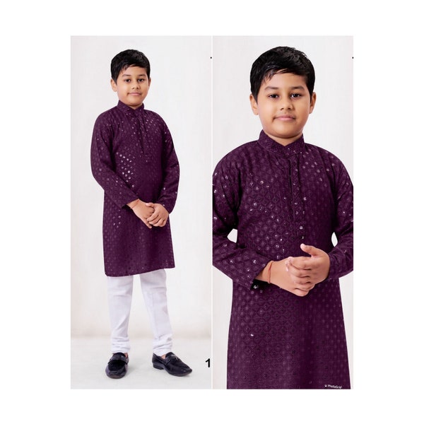 Wine Chikankari Embroidered Kids Kurta Pajama, Rayon Boys Kurta, Traditional Dresses for Boys Kurta, Eid Boys Kurta Collection