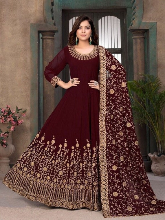 Maroon Color Art Silk Material Gown With Dori Work