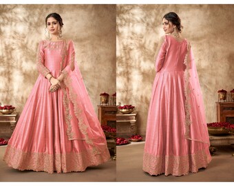 Robe de soirée pakistanaise indienne en soie artistique couleur rose, costume de robe Anarkali brodé lourd de mariage indien, cadeau d'anniversaire, cadeau d'anniversaire