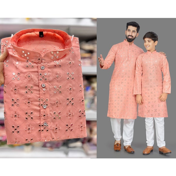 Peach Color Cotton Mirror Embroidery Men Kurtas Pajama Set, Cotton Men Kurtas, Party Wear Men Kurta, Eid Kurta Collection, Wedding Kurta