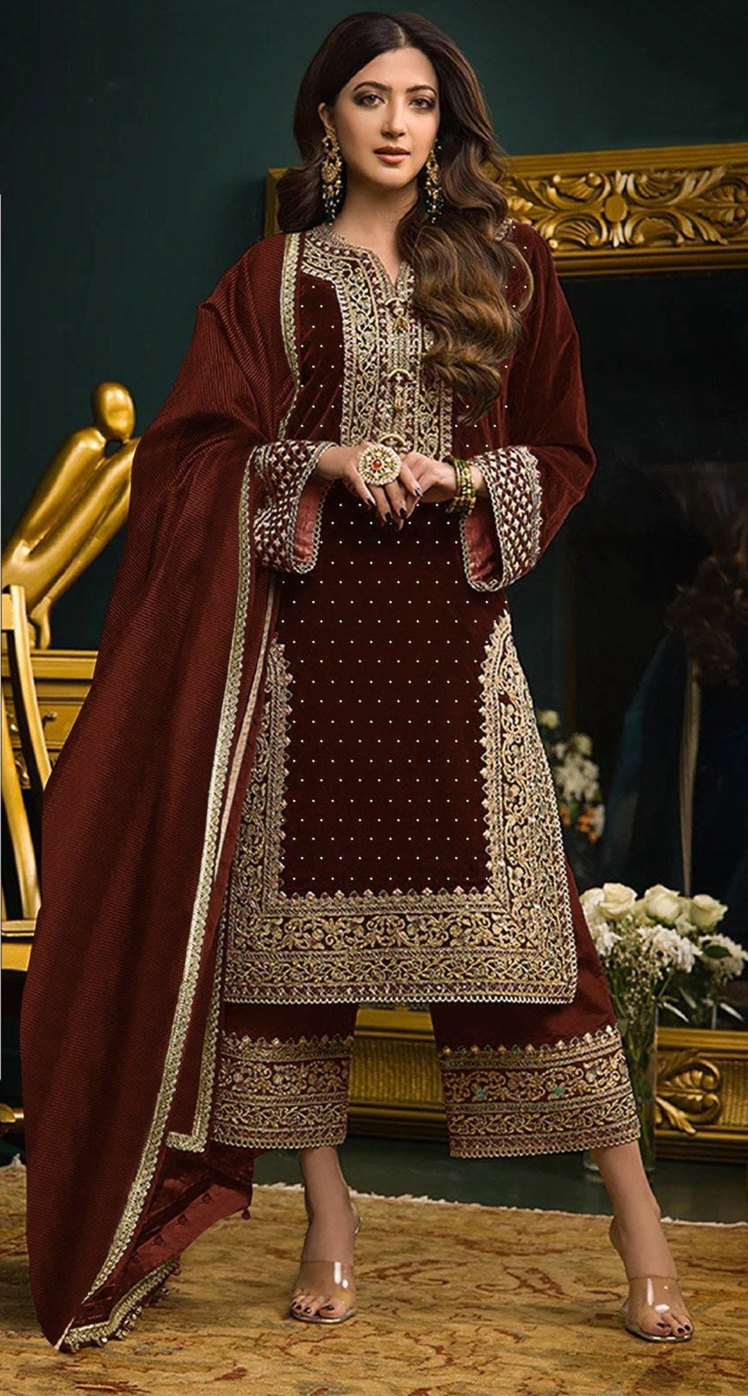 Maroon Color Pakistani Velvet Salwar Suit, Designer Embroidered Velvet