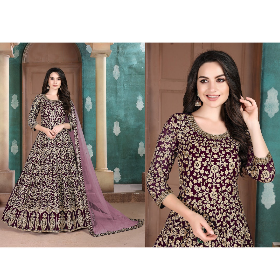 Supreme Purple Sequins Wedding Pant Style Anarkali main image 1