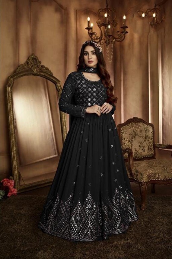 Buy Black Anarkali Set In Georgette With Attached Drape