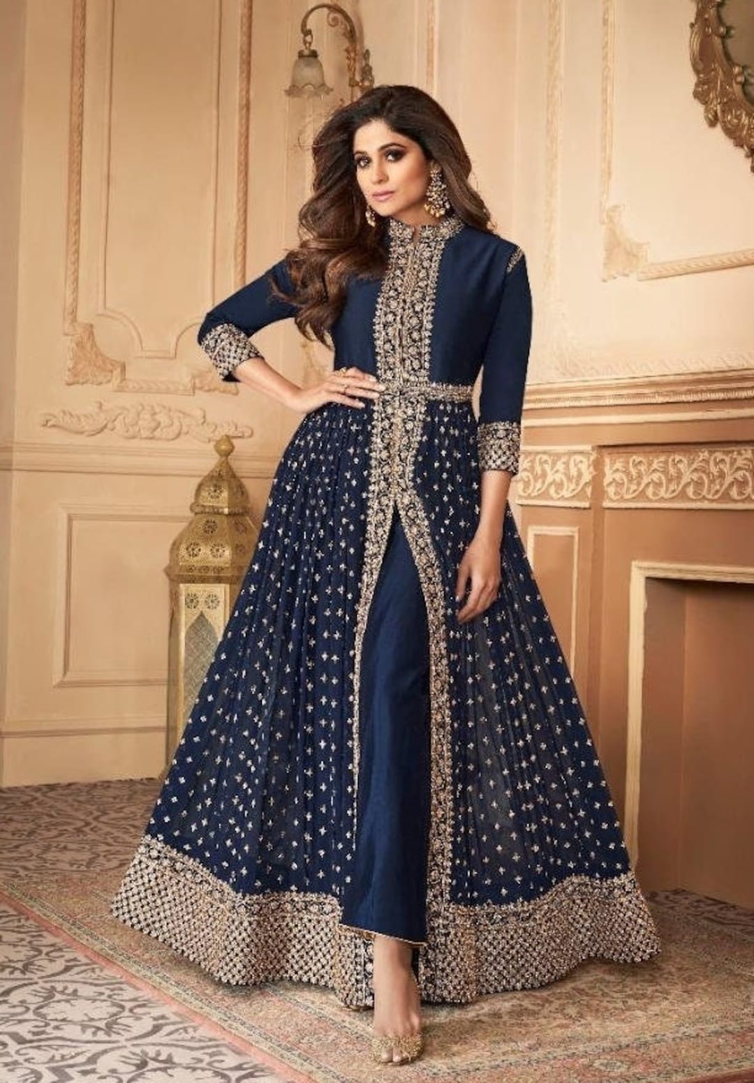 Navy Blue Heavy Embroidered Slit Cut Anarkali Gown Suit Eid - Etsy