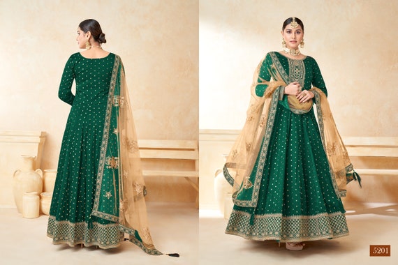 Green Color Party Wear Anarkali Gown Suit Heavy Embroidery Tafeta