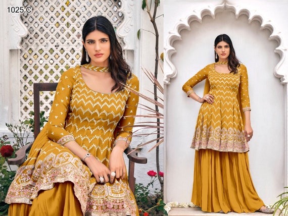 Women's Lemon Yellow Color Crepe Floral Printed Unstithed Pakistani Suit  Salwar Suit Churidar Suit Kurta Suit