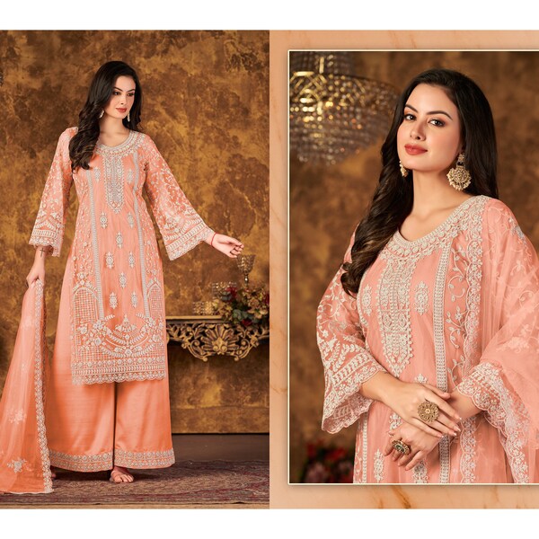 Peach Net Salwar Kameez Palazzo Suit, Party Wear Salwar Kameez Suit, Embroidered Pakistani Suit, Indian Dupatta Dress, Eid Salwar Kameez