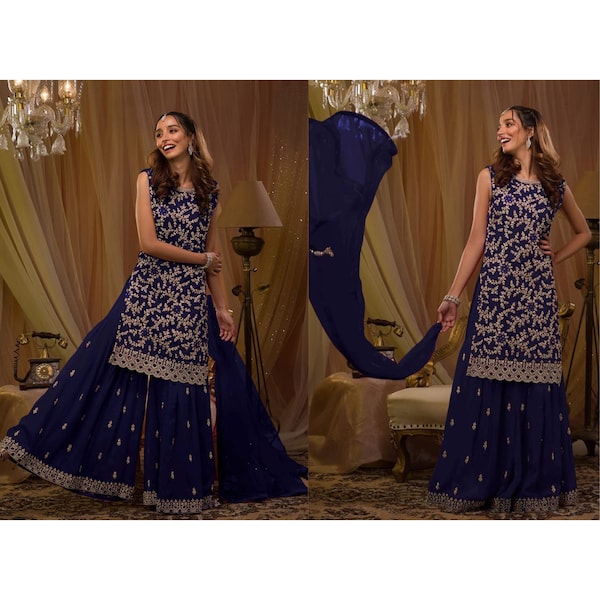 Navy Blue Embroidered Palazzo Suit, Heavy Embroidered Sequence Palazzo Suit, Fancy Sharara Suit, Pakistani Sleeves Salwar Suit