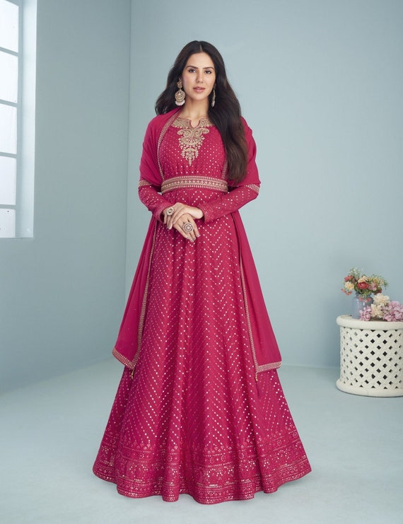 Pink Georgette Anarkali suit with tiny dot pattern - Dress me Royal