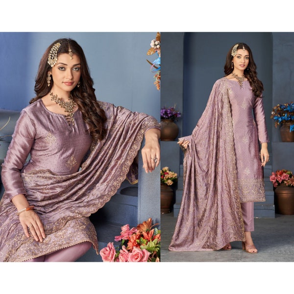 Abito Salwar in seta Vichitra in fioritura viola, abito Salwar Kameez ricamato con diamanti Swarovski ricamato dal designer, abito Salwar pakistano regalo per la madre