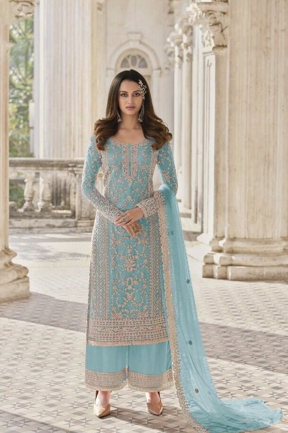 Buy Blue and Turquoise Pakistani Palazzo Suit In USA, UK, Canada,  Australia, Newzeland online
