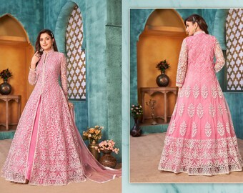 Pink Net Designer Wedding Wear Slit Anarkali Suit, Party Wear Anarkali Gown Suit, Pakistani Reception Wear Anarkali  Dress, Eid Salwar Suit