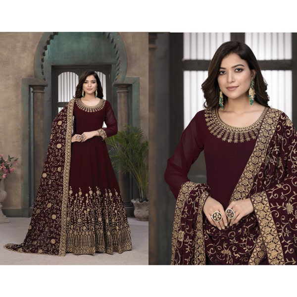 Maroon Party Wear Anarkali Gown Suit With Designer Georgette Embroidery Work, Indian Pakistani Anarkali Suits, Anniversary, Birthday Gift