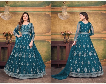 Firozi  Anarkali Gown With Heavy Net Embroidered Work, Beautiful Design Wedding Wear Anarkali Suit, Readymade Party Sequence Gown