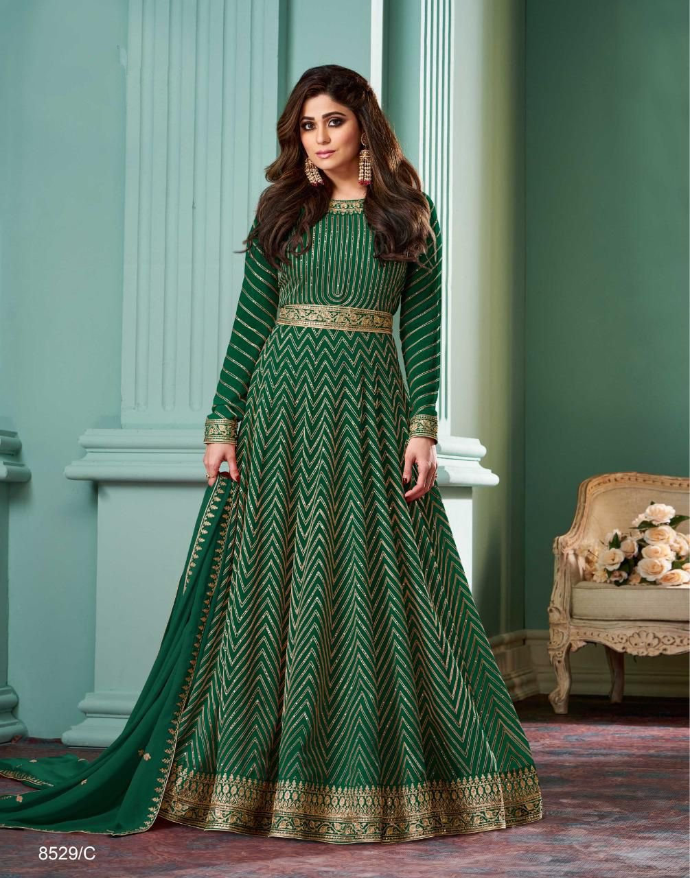 Green Taffeta Party Wear Gown 231439