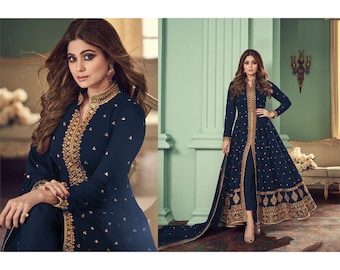 Navy Blue Thread Embroidered Party Wear Slit Anarkali Suit, Indian Party Wedding Anarkali Dress, Black Eid Anarkali Slit Suit Active