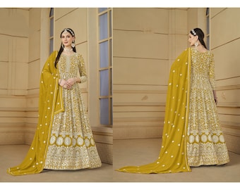 Gele ontwerper geborduurd Anarkali pak, trouwkleding volgorde werkjurk, feestkleding Anarkali jurk, jubileumcadeau, vrouw cadeau jurken