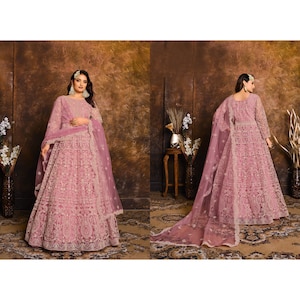 Pink Soft Net Embroidered Anarkali Gown, Party Wedding Gown, Bridal Anarkali Suit, Both Side Embroidery Work, Party Wear Pakistani Suit