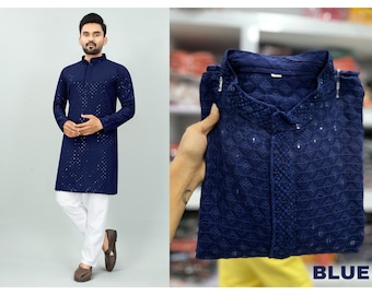 Blue Rayon Chikankari Men Kurta Outfit, Men Traditional Kurta, Kurta Pajama For Men, Men's Sequence Kurta, Eid Men Kurta, Plus Size Kurta